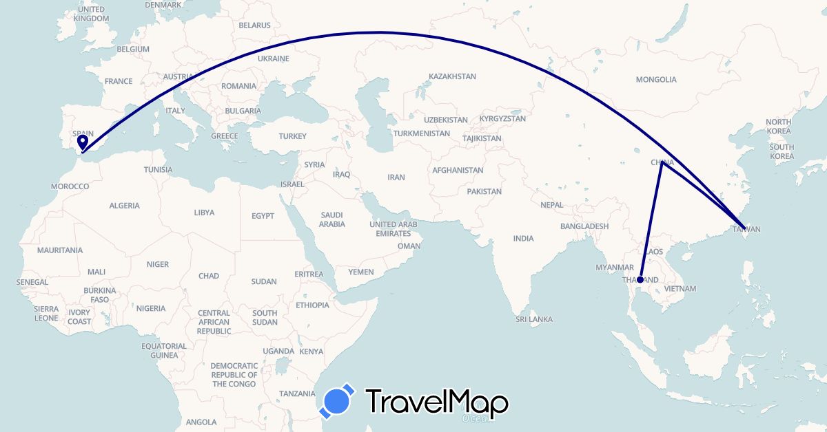 TravelMap itinerary: driving in China, Spain, Thailand, Taiwan (Asia, Europe)