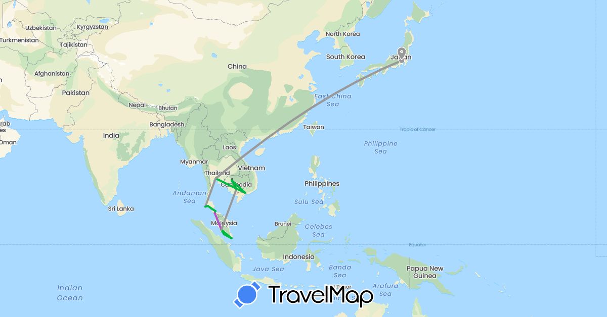 TravelMap itinerary: driving, bus, plane, train, hiking, motorbike in Japan, Cambodia, Malaysia, Singapore, Thailand, Vietnam (Asia)
